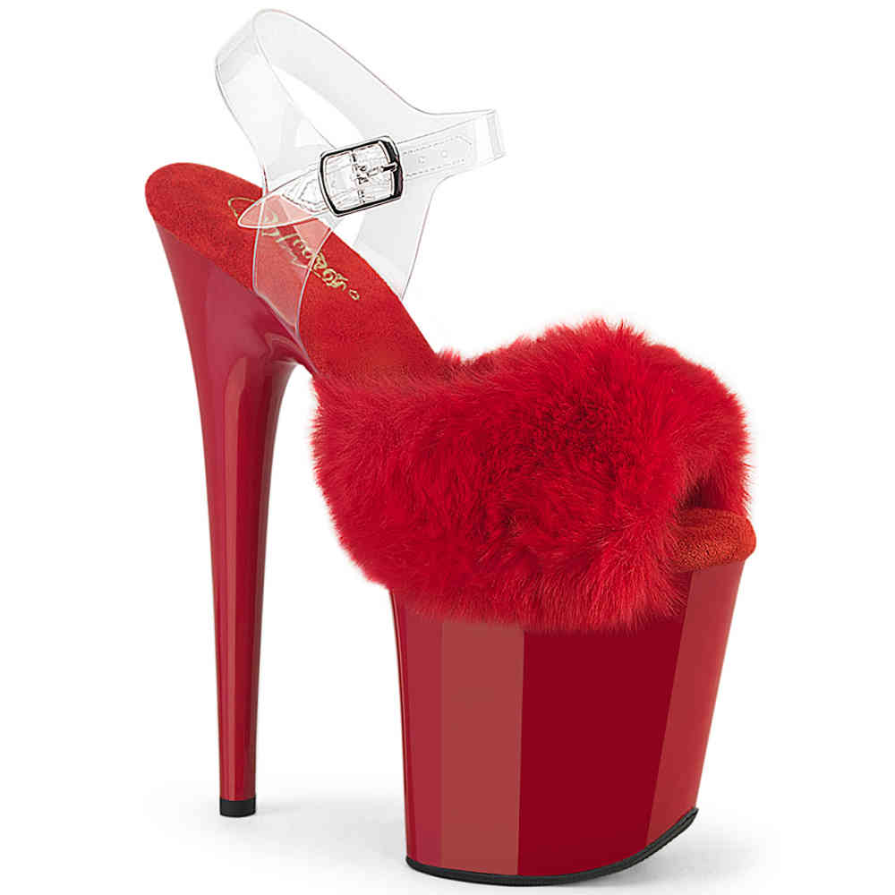 Pleaser - FLAMINGO-808FUR Sandale à bride à la cheville, Pole dance chaussures - Rouge